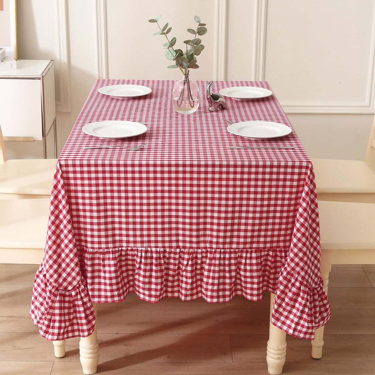 Taupe White Gingham Ruffled Tablecloth 120"x60"