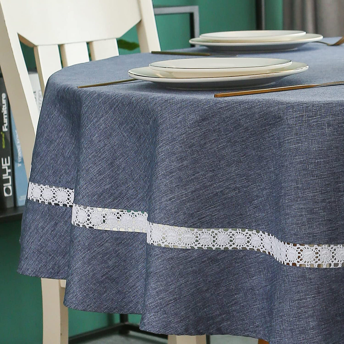 EHouseHome Heavy Duty Fabric Tablecloth with White Lace-Waterproof/Wrinkle Free/Stain Resistant/Oil Proof-for Dining,Indoor&Outdoor,Wedding,Holiday,White,Rectangle 60x120Inch