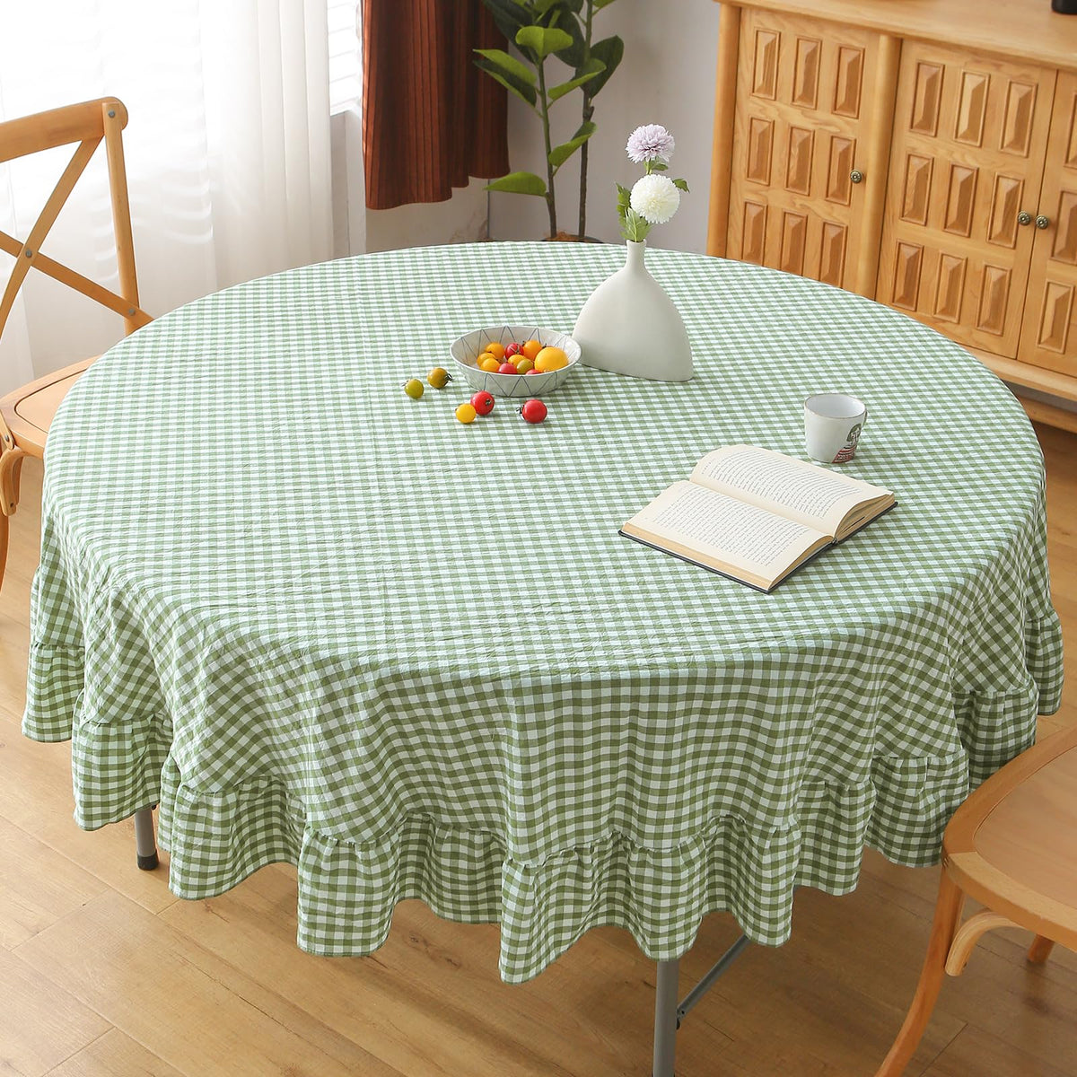 Taupe White Gingham Ruffled Tablecloth 120"x60"
