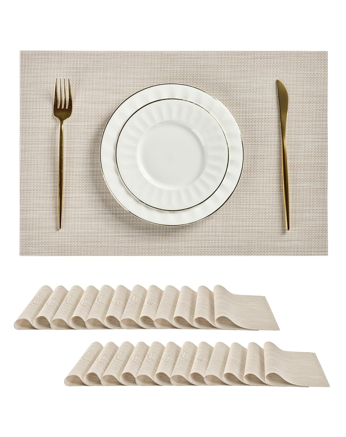 Beige Placemats Set of 4 - Heat-Resistant, Non-Slip Table Mats, Washable Woven Vinyl for Indoor & Outdoor Dining