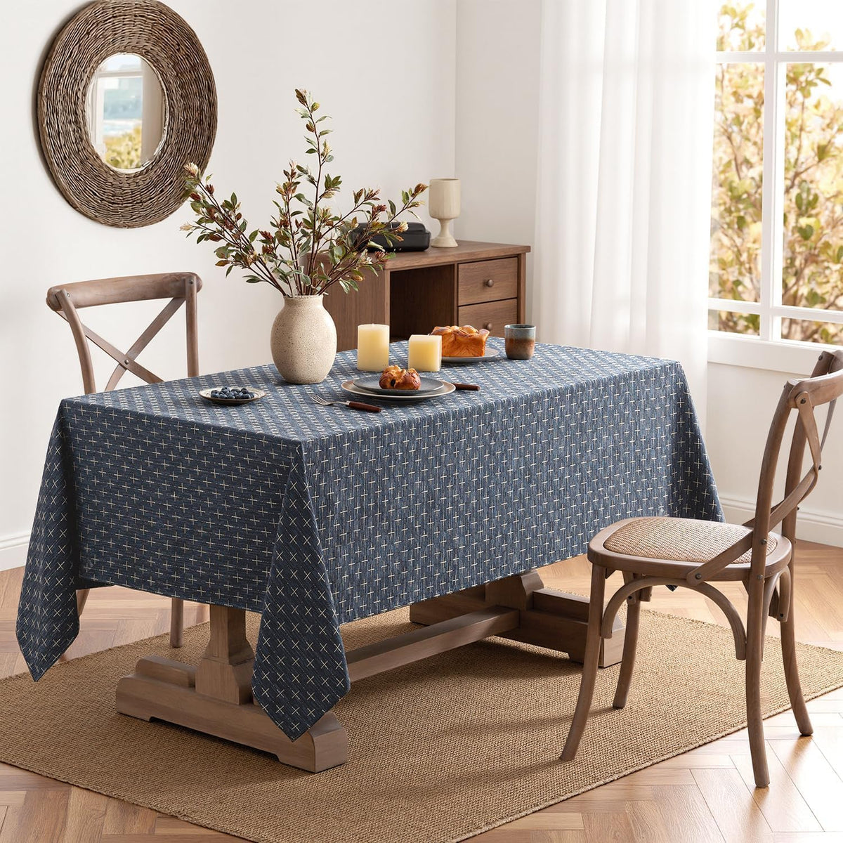 MIULEE Navy Blue Rectangle Cross-Star Textured Table Cloth 60x84 Inch
