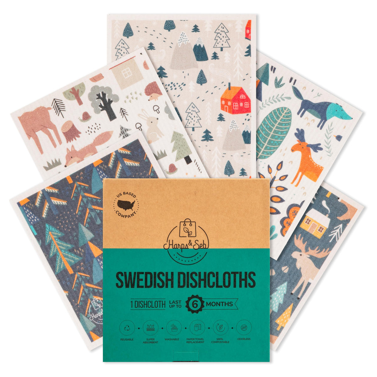 Harps&Seb Swedish Dishcloths for Kitchen Dish Towels - 5 Pack, Non-Scratch Reusable Paper Towels, Super Absorbent Washable Swedish Dish Cloths, No Odor, Biodegradable, Fruit Design