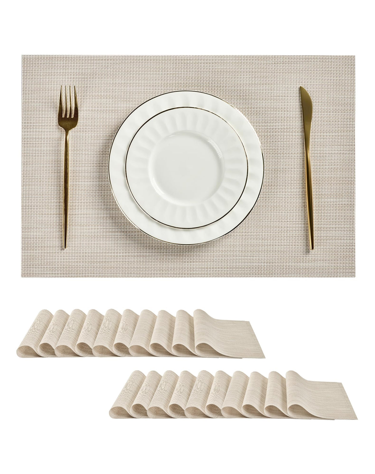 Beige Placemats Set of 8 - Heat-Resistant, Non-Slip Table Mats, Washable Woven Vinyl for Indoor & Outdoor Dining