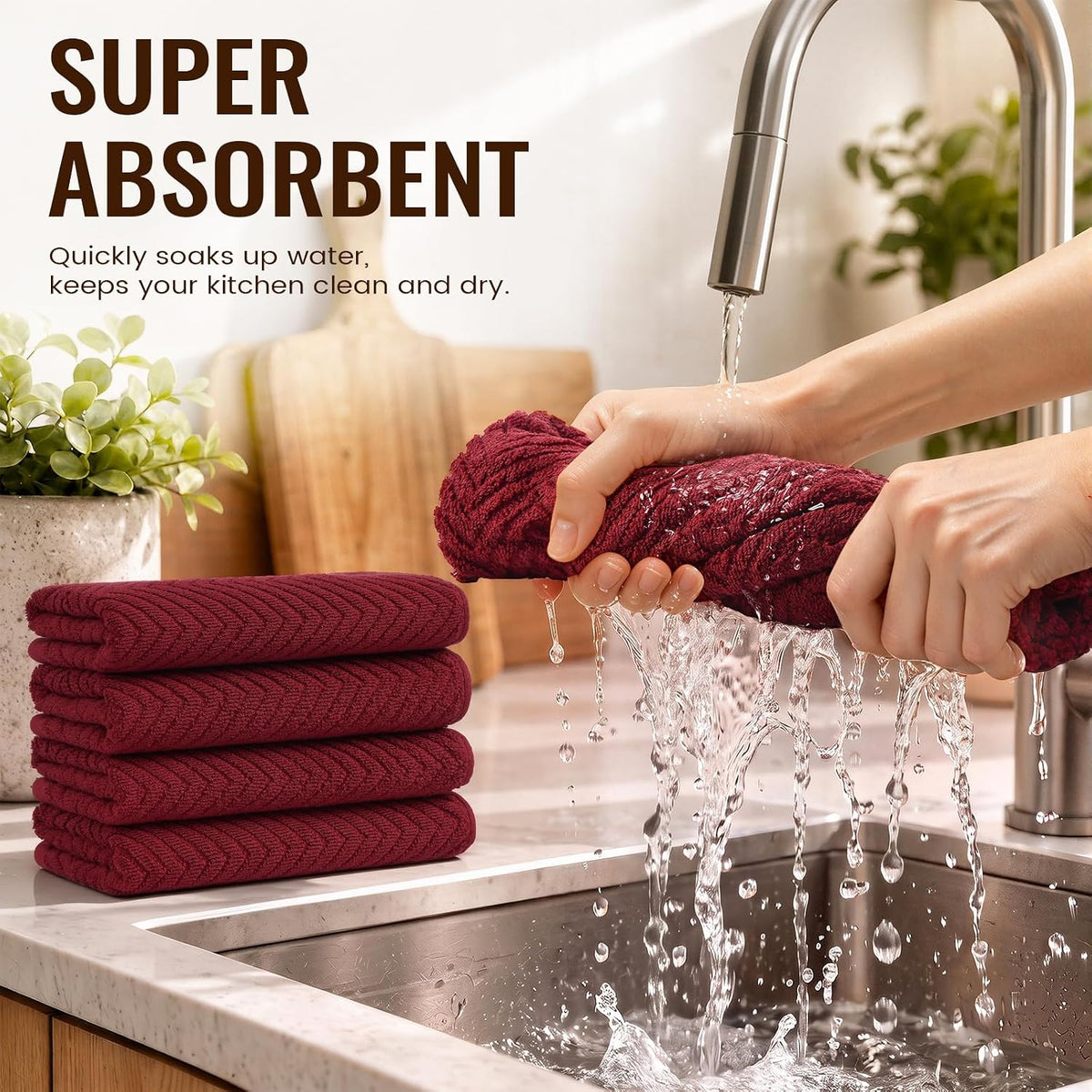 Homaxy 8 Pack 100% Cotton Kitchen Towels and Dishcloths Set, Burgundy