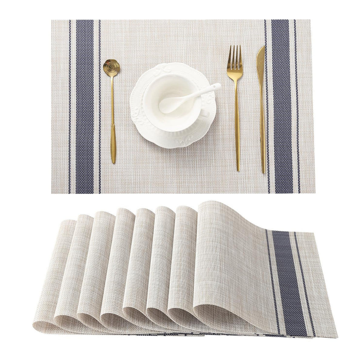 Beige Placemats Set of 4 - Heat-Resistant, Non-Slip Table Mats, Washable Woven Vinyl for Indoor & Outdoor Dining