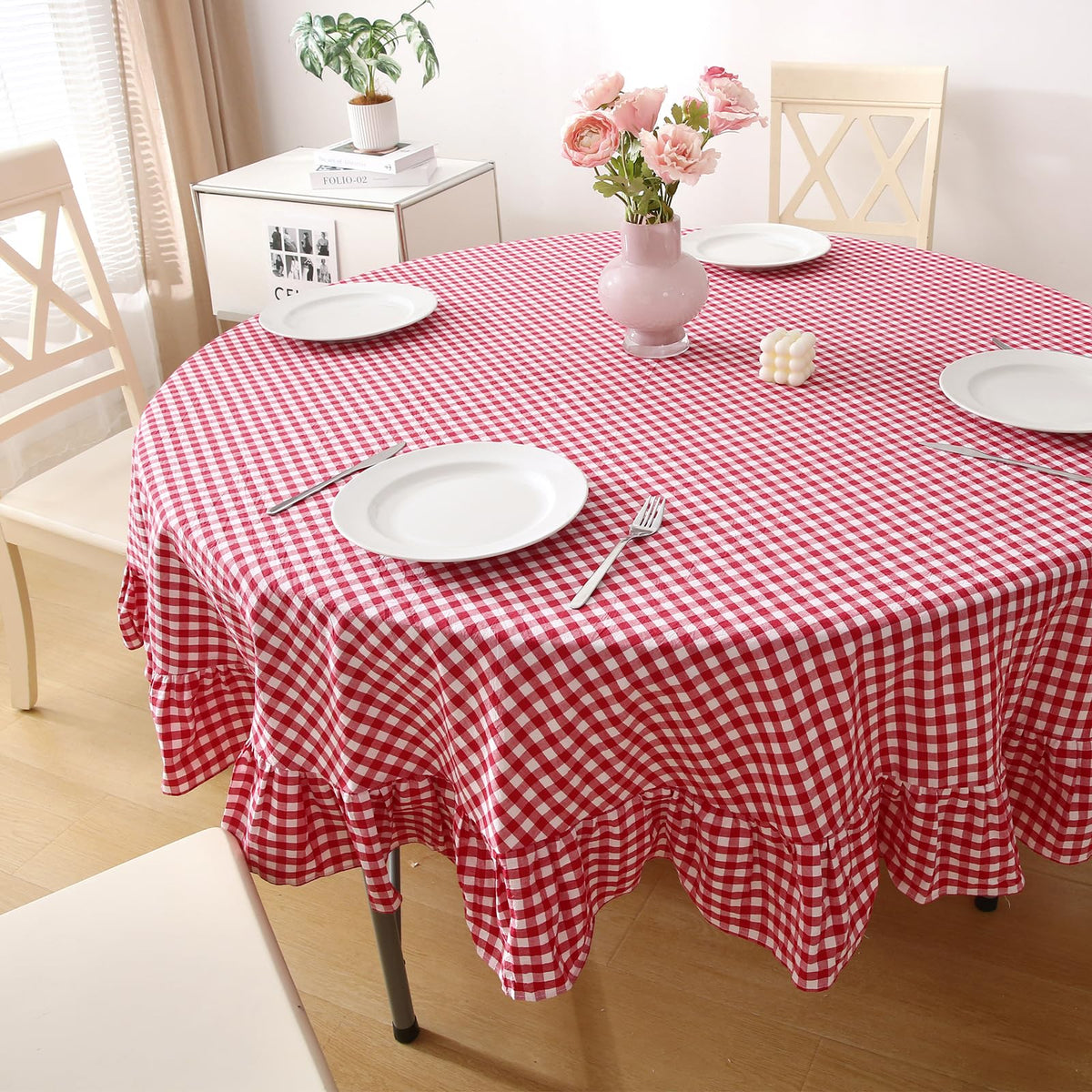 Taupe White Gingham Ruffled Tablecloth 120"x60"