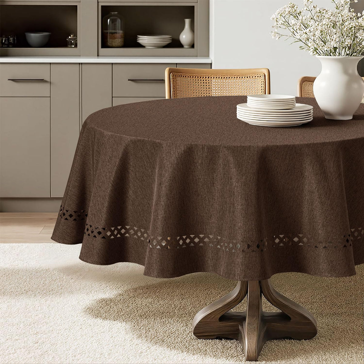 MIULEE Beige Rectangle Tablecloth with Decorative Cutouts 60x84 Inch
