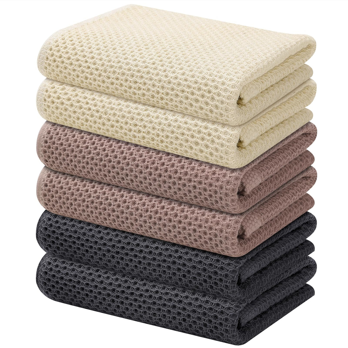 Kitinjoy 100% Cotton Waffle 6-Pack Kitchen Towels, 12" x 12", Dark Grey