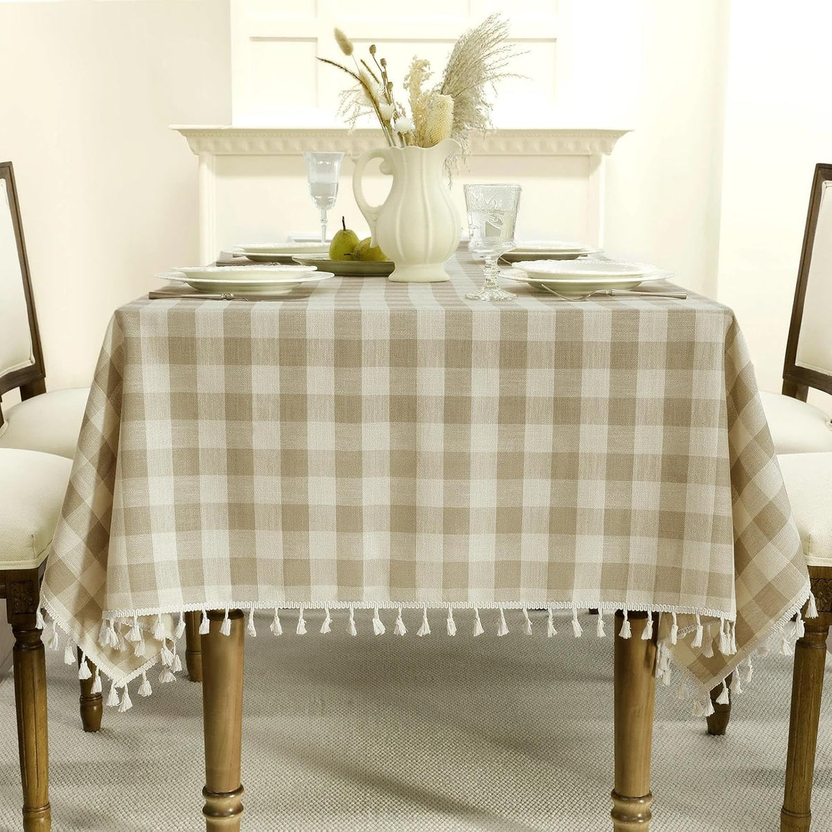 Romanstile Gingham Tassel Tablecloth Rectangle - 60 x 84 Inch, Beige
