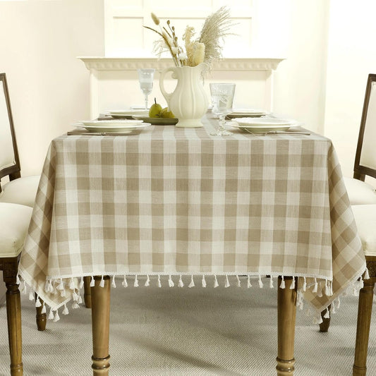 Romanstile Gingham Tassel Tablecloth Rectangle - 60 x 84 Inch, Beige