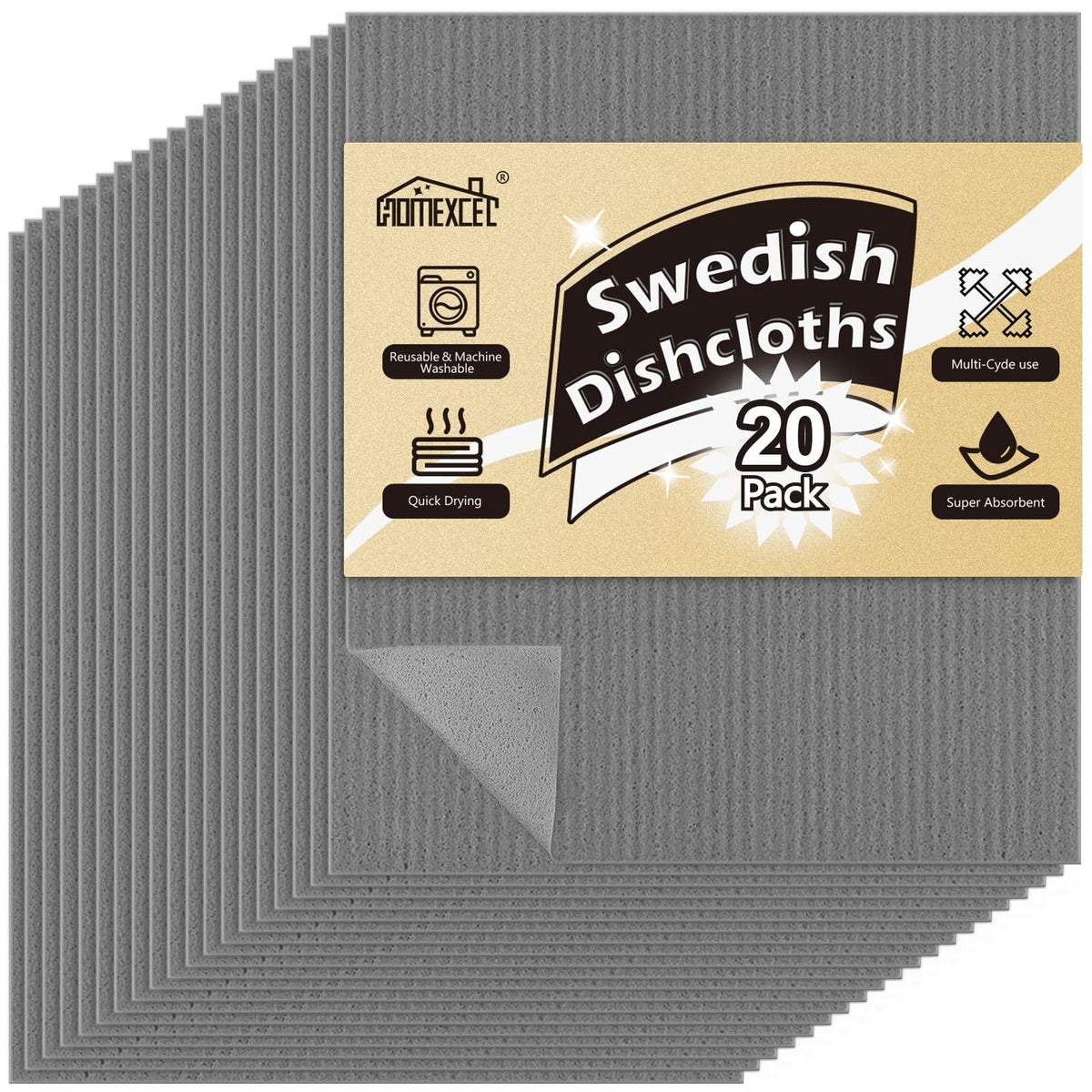 HOMEXCEL 10PK Swedish Dishcloths for Kitchen, Absorbent Dish Cloths, 7x6in