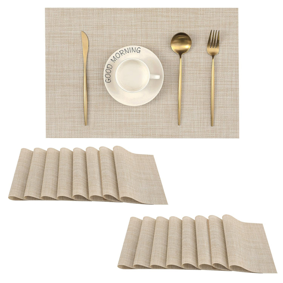 Beige Placemats Set of 8 - Heat-Resistant, Non-Slip Table Mats, Washable Woven Vinyl for Indoor & Outdoor Dining
