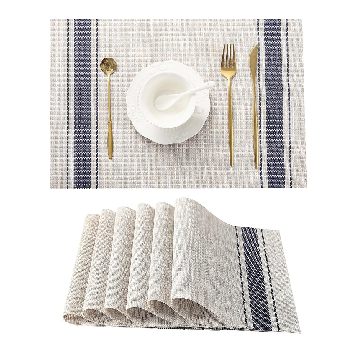 Beige Placemats Set of 8 - Heat-Resistant, Non-Slip Table Mats, Washable Woven Vinyl for Indoor & Outdoor Dining