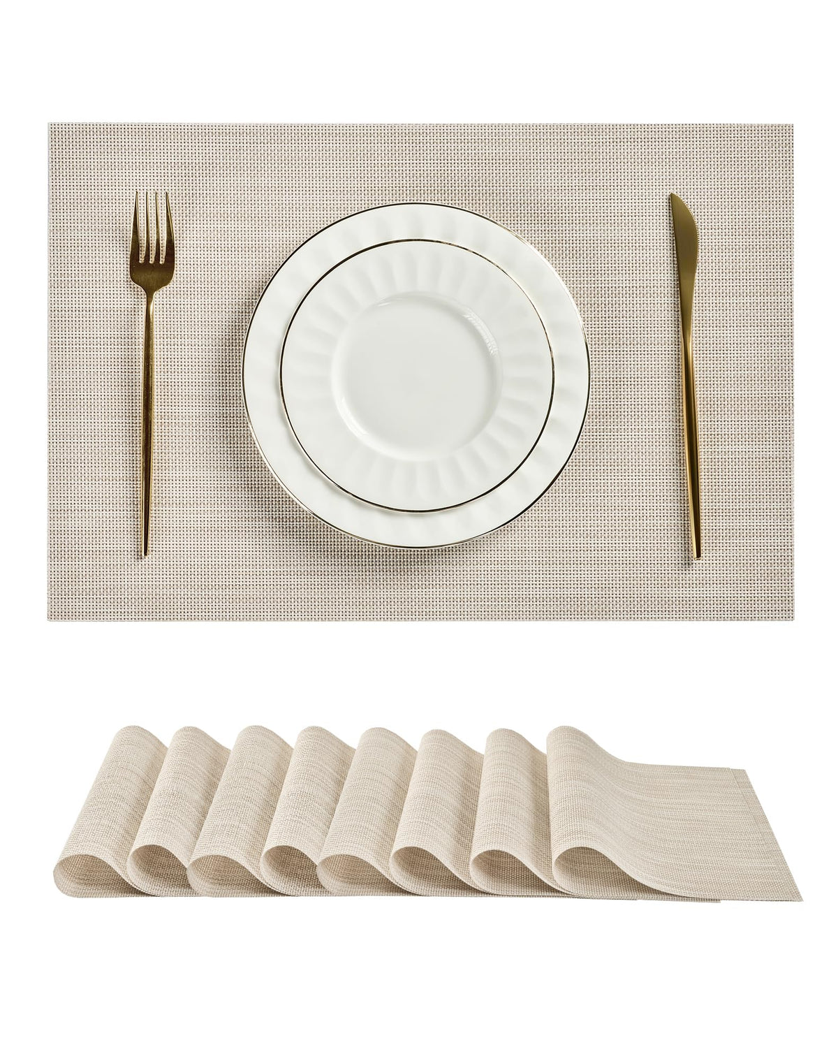 Beige Placemats Set of 4 - Heat-Resistant, Non-Slip Table Mats, Washable Woven Vinyl for Indoor & Outdoor Dining