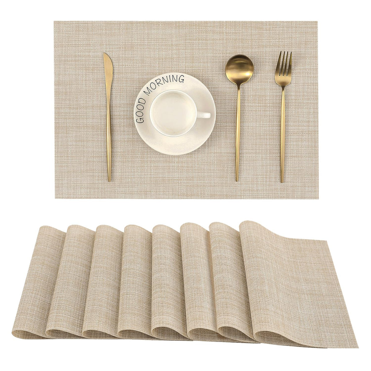 Beige Placemats Set of 8 - Heat-Resistant, Non-Slip Table Mats, Washable Woven Vinyl for Indoor & Outdoor Dining
