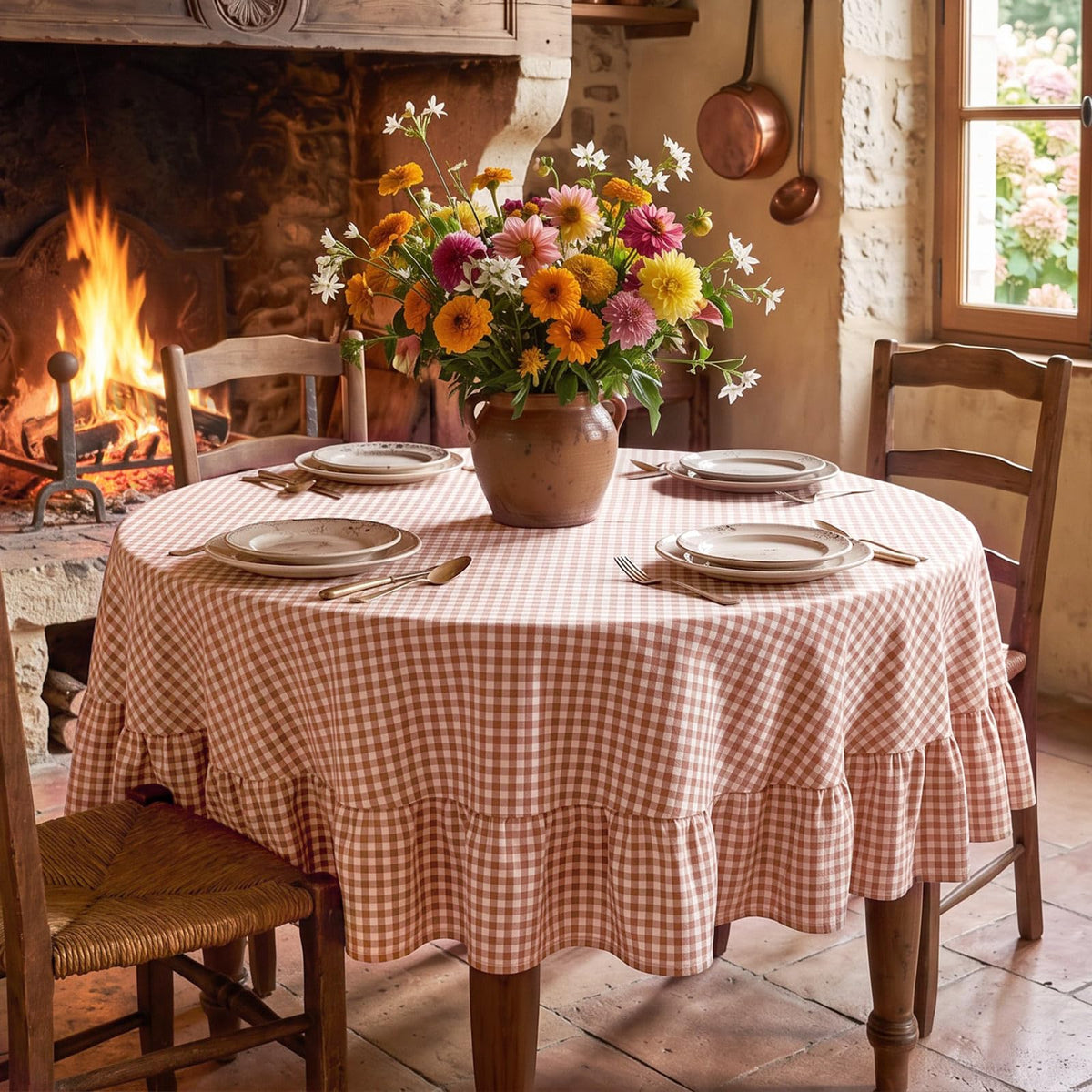 Mindsoft Brown Ruffled Gingham Tablecloth, 52 x 70 Inches, Rectangle