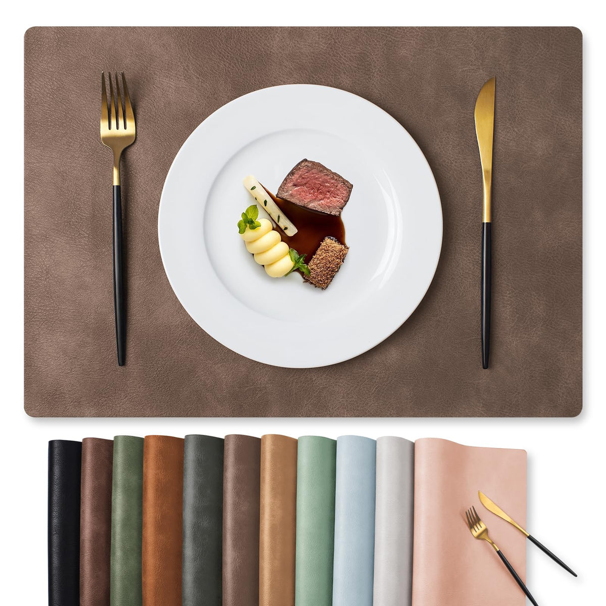 MOSAYT Vinyl Faux Leather Placemats, Set of 6, Black