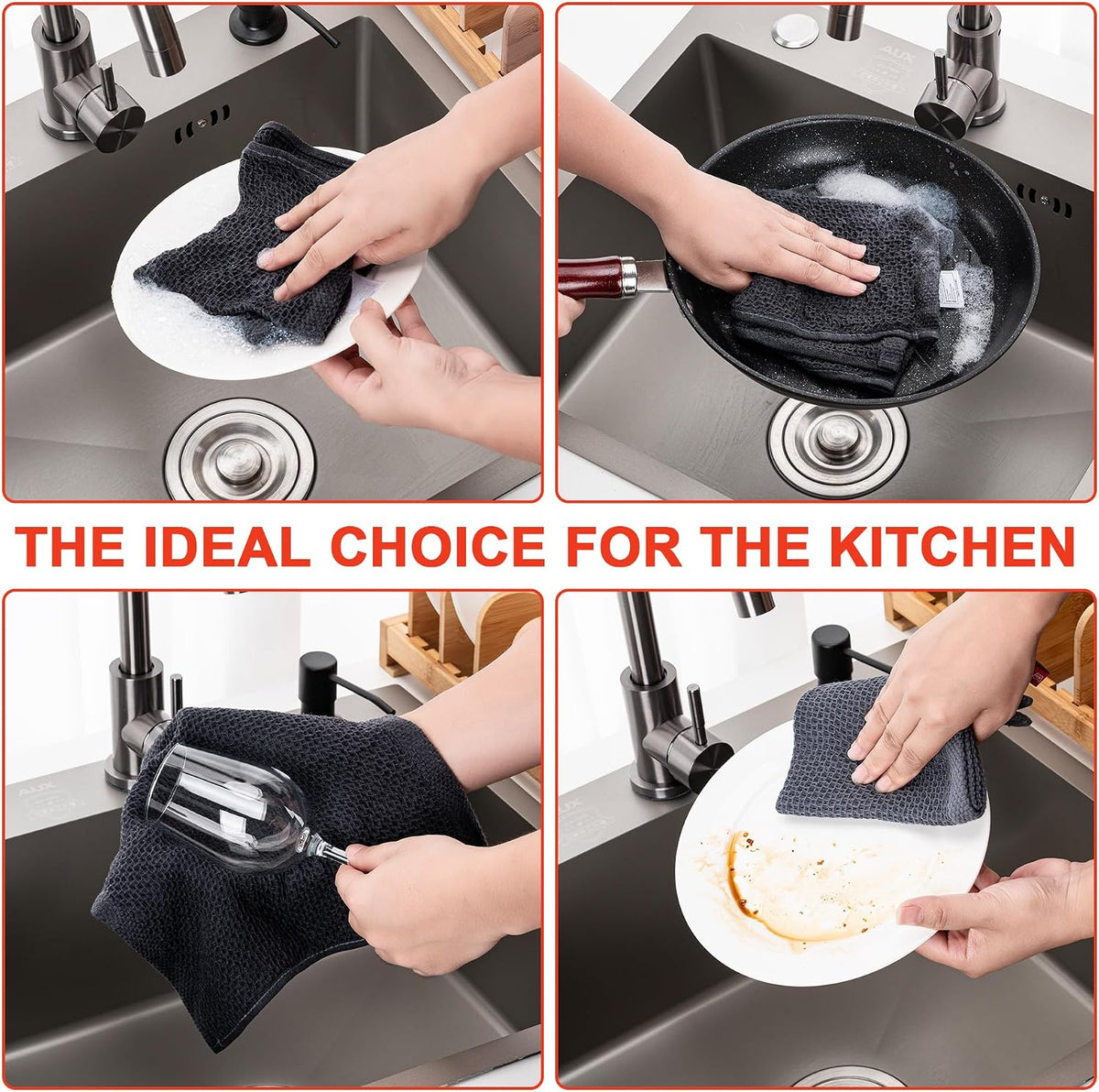 Kitchen Towels 6-Pack Kitchen Dish Cloths,100% Cotton,12x12 In,Dark Grey
