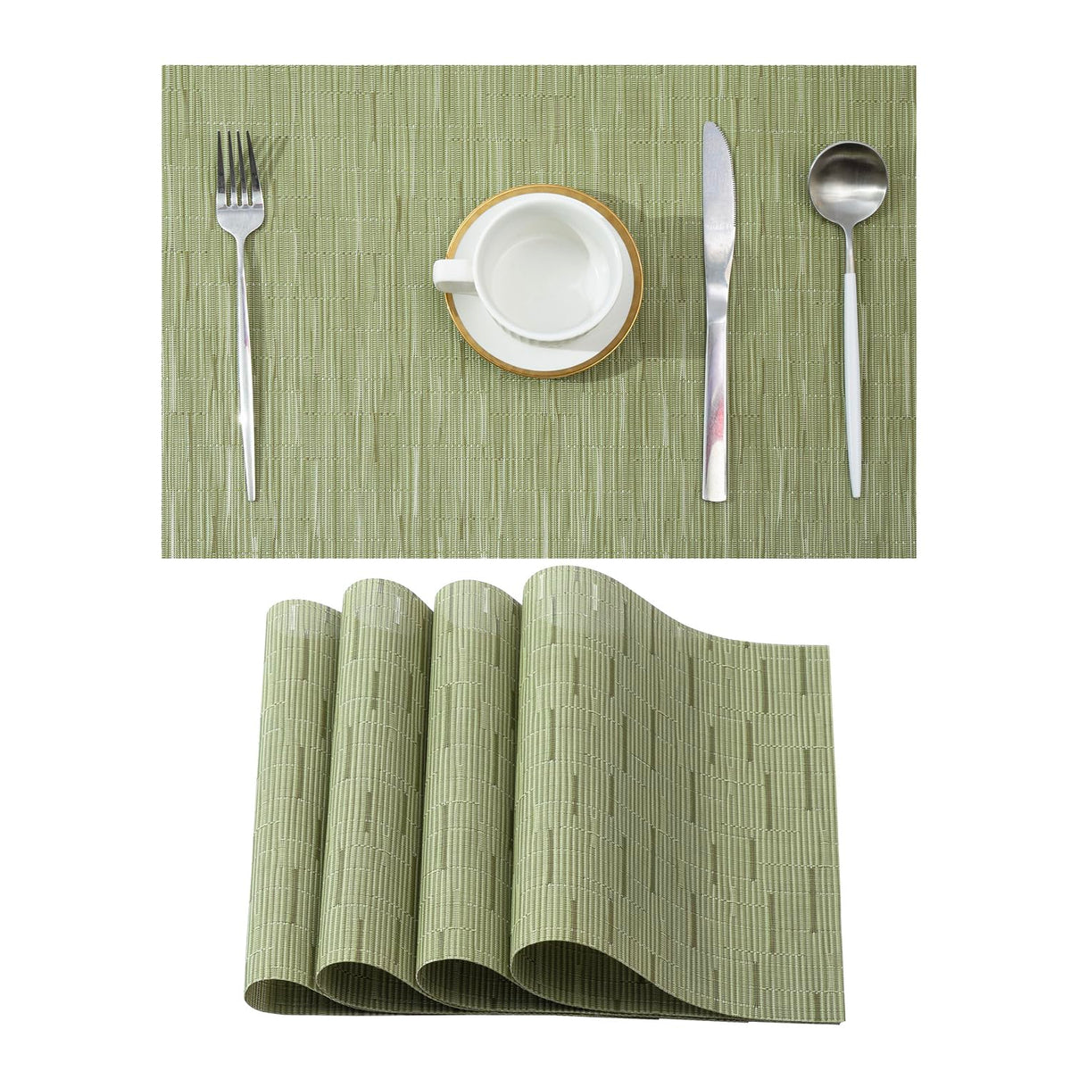 Beige Placemats Set of 4 - Heat-Resistant, Non-Slip Table Mats, Washable Woven Vinyl for Indoor & Outdoor Dining