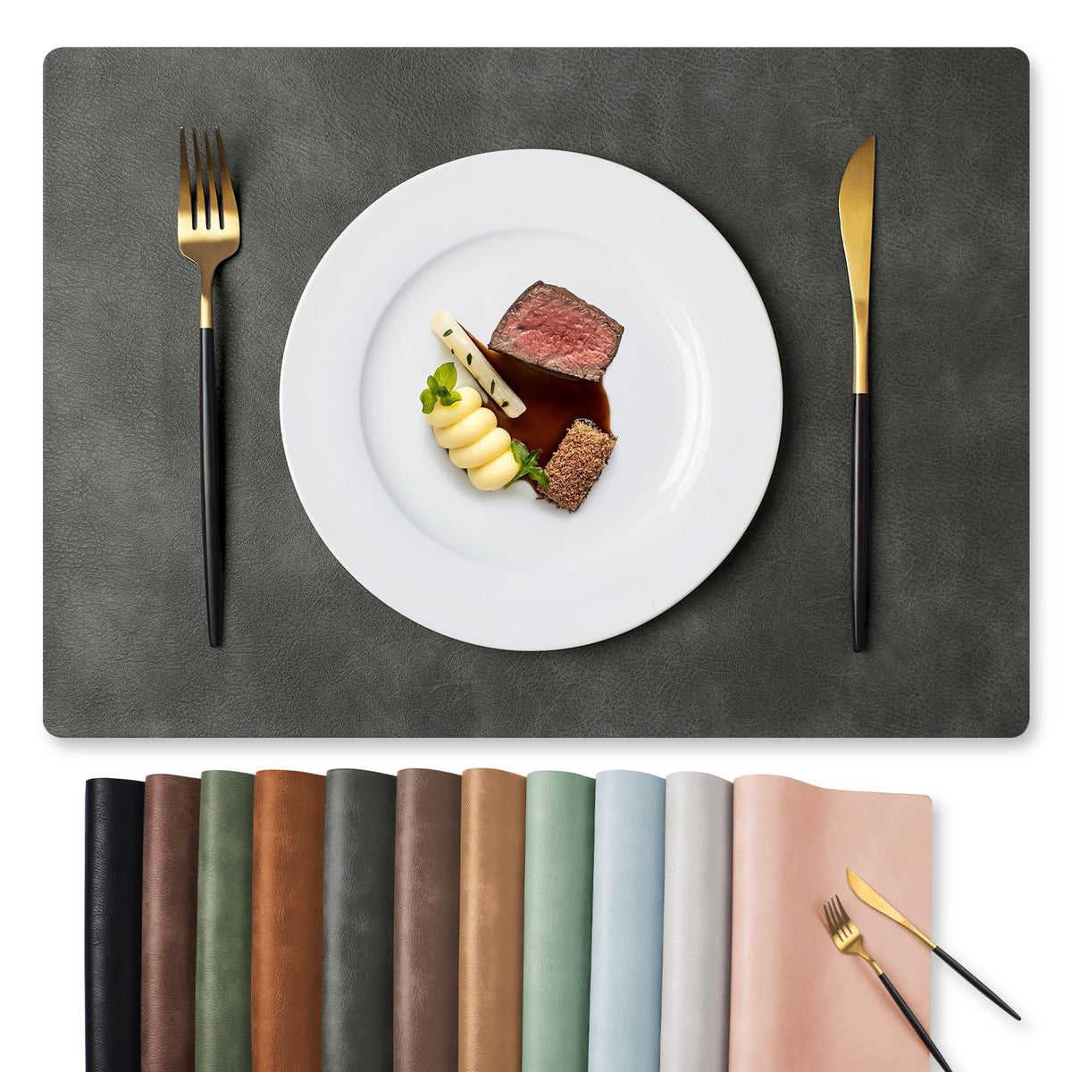 MOSAYT Vinyl Faux Leather Placemats, Set of 6, Black