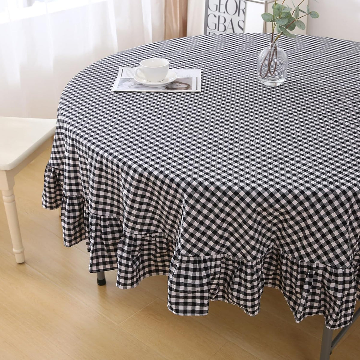 Taupe White Gingham Ruffled Tablecloth 120"x60"