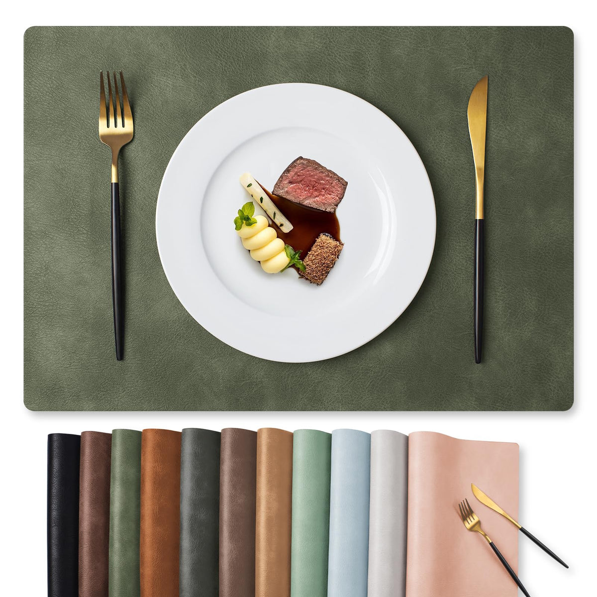 MOSAYT Vinyl Faux Leather Placemats, Set of 6, Black