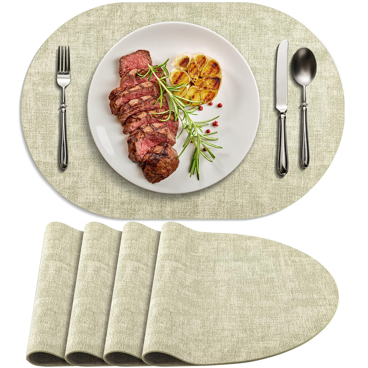 Faux Leather Oval Placemats Set of 8, Beige