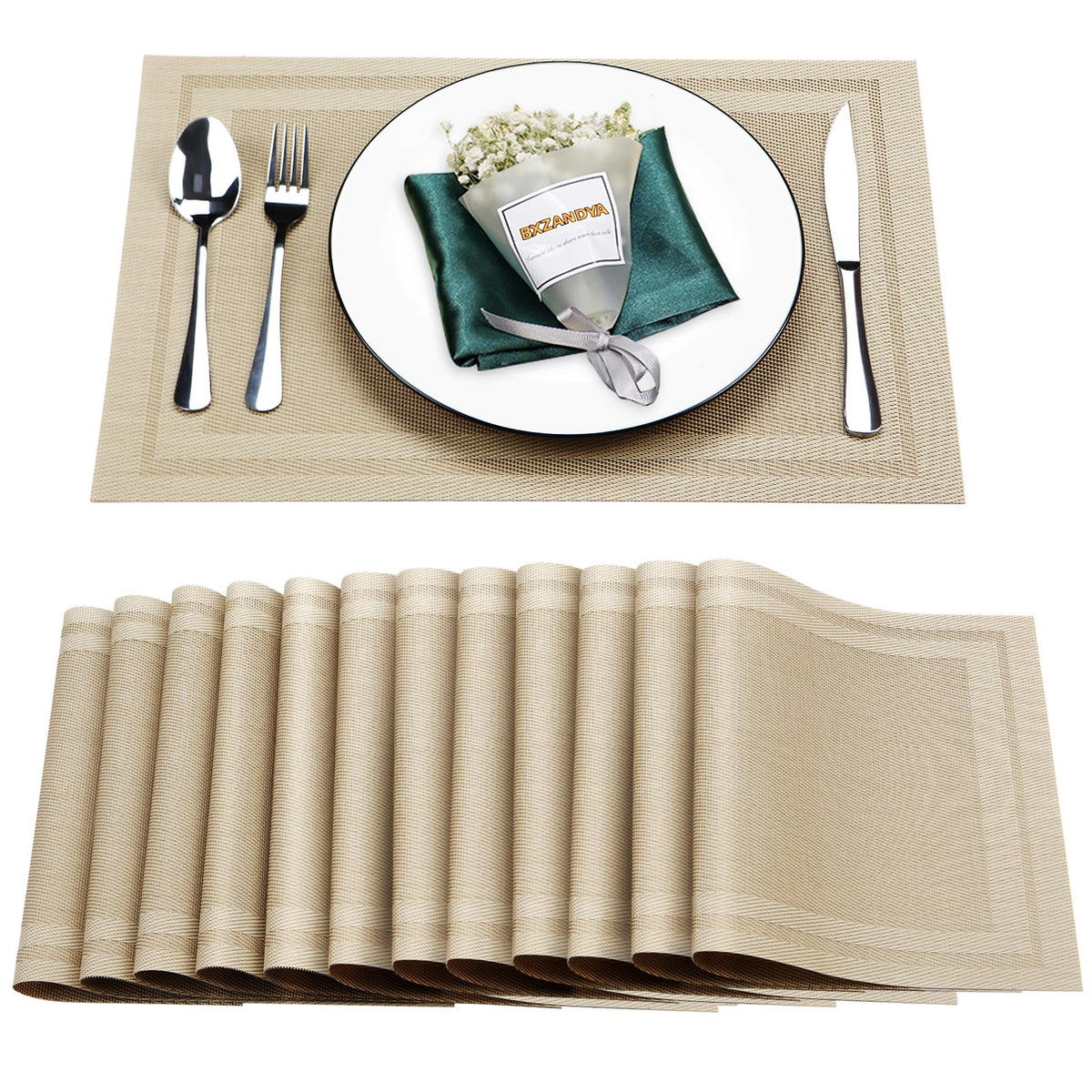 Beige Vinyl Placemats Set of 8,Washable Dining PVC Table Mats