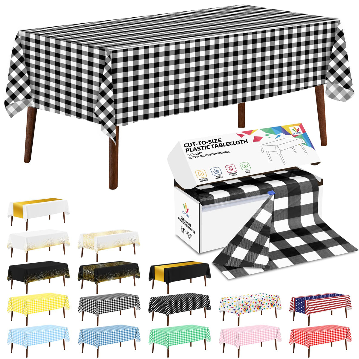 CXPSINC White Plastic Table Cloth Disposable Tablecloth Roll 54 Inch X 300 Feet Plastic Table Cover Roll with Slide Cutter for Picnics, Parties, Banquet, Birthdays, Weddings