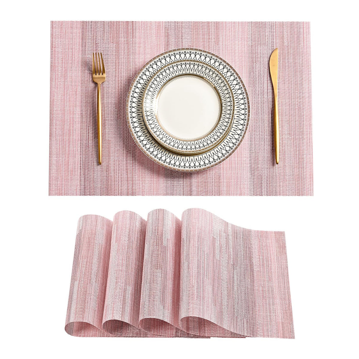 Beige Placemats Set of 4 - Heat-Resistant, Non-Slip Table Mats, Washable Woven Vinyl for Indoor & Outdoor Dining
