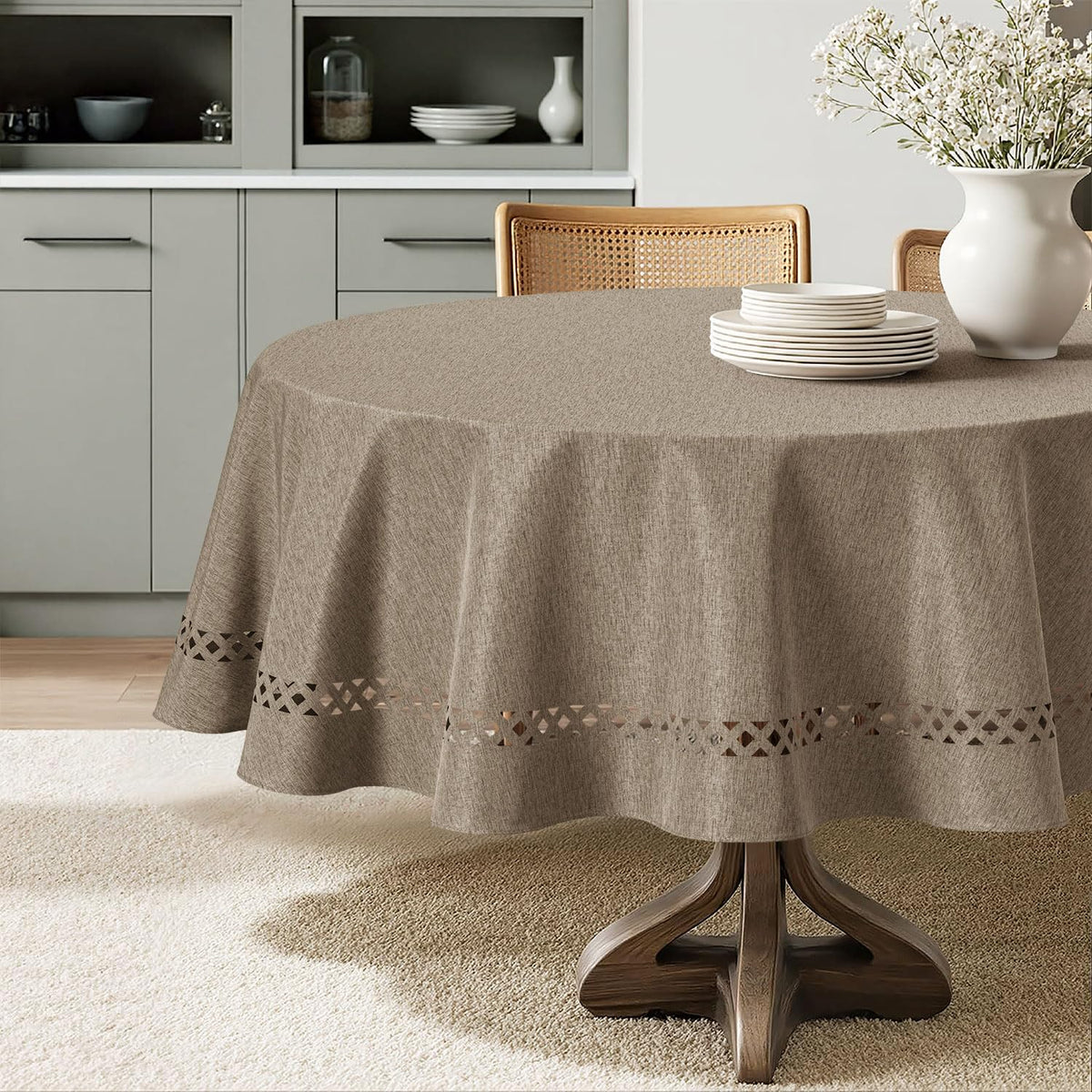 MIULEE Beige Rectangle Tablecloth with Decorative Cutouts 60x84 Inch