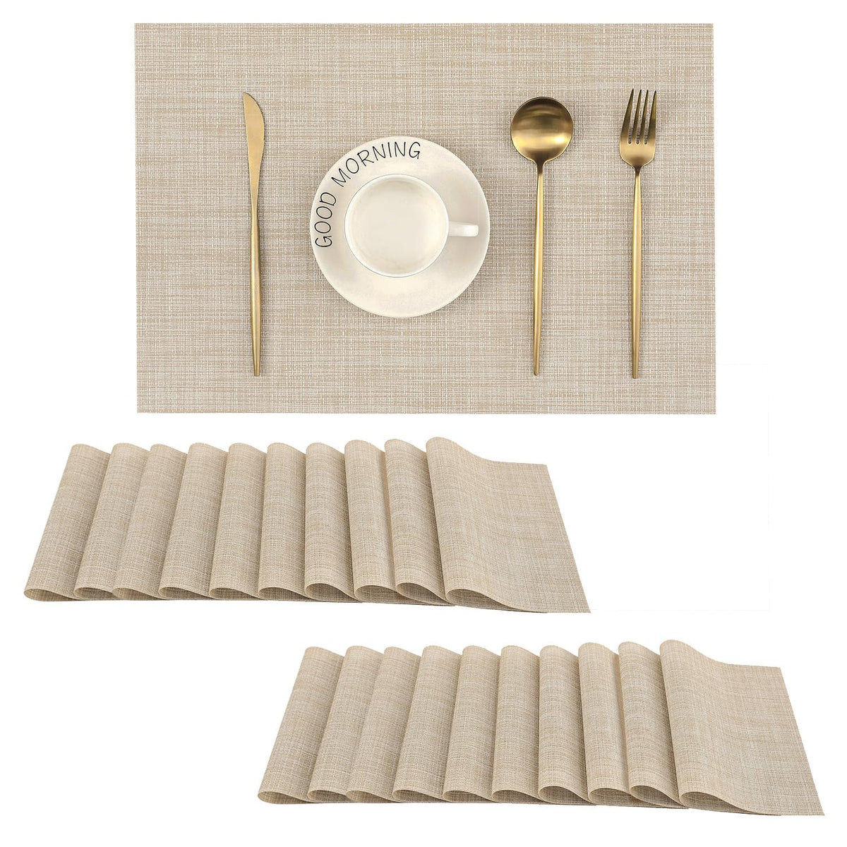 Beige Placemats Set of 8 - Heat-Resistant, Non-Slip Table Mats, Washable Woven Vinyl for Indoor & Outdoor Dining