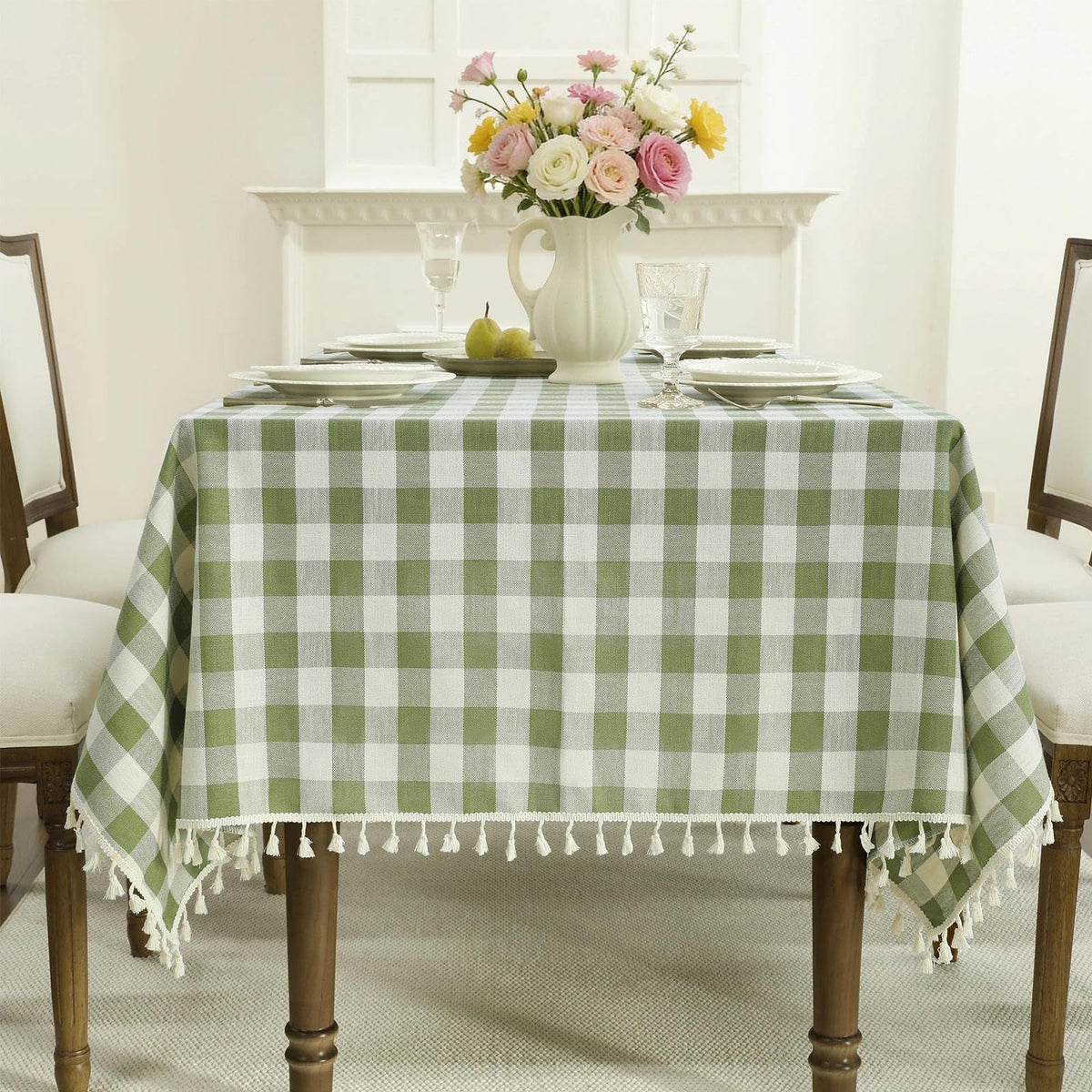 Romanstile Gingham Tassel Tablecloth Rectangle - 60 x 84 Inch, Beige