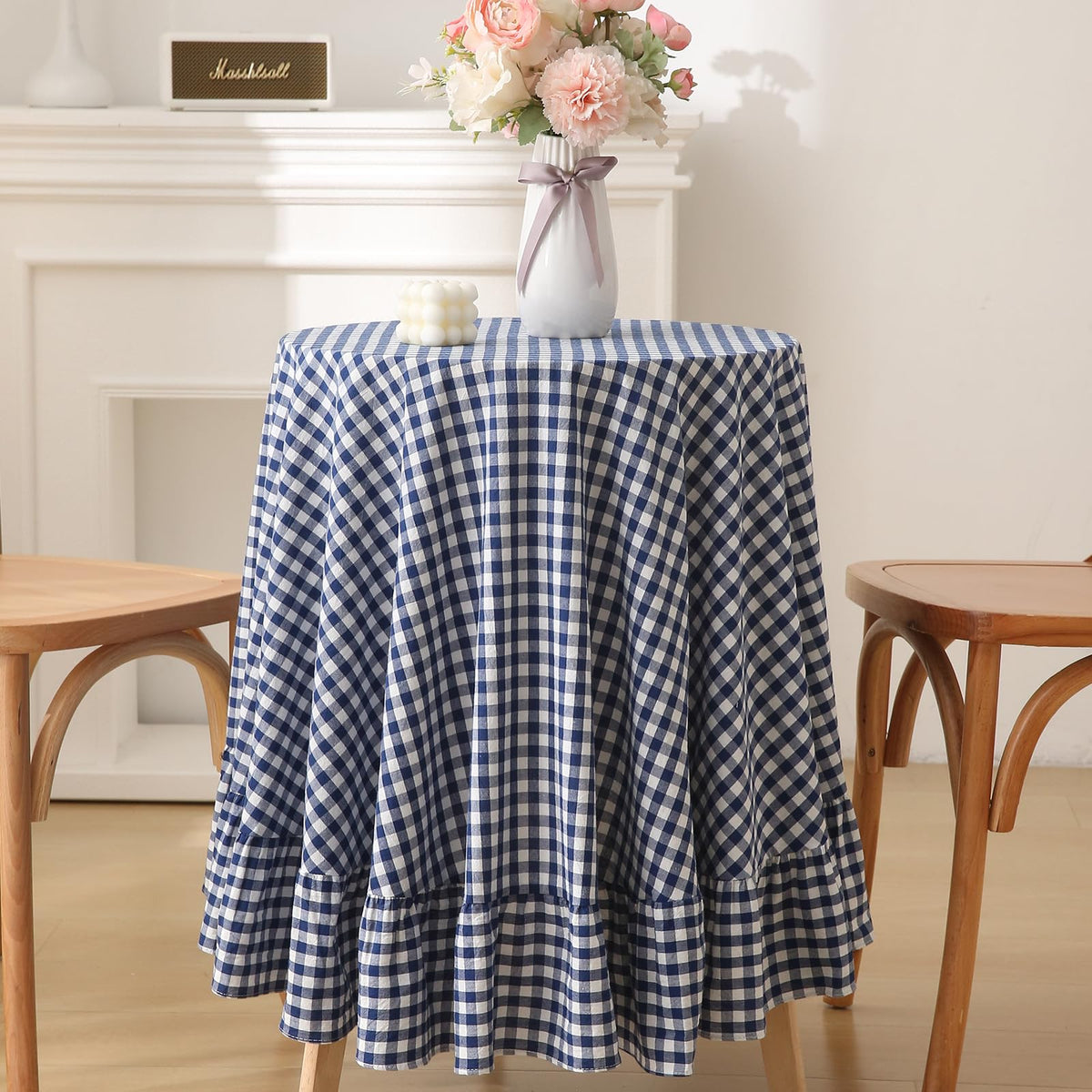 Taupe White Gingham Ruffled Tablecloth 120"x60"