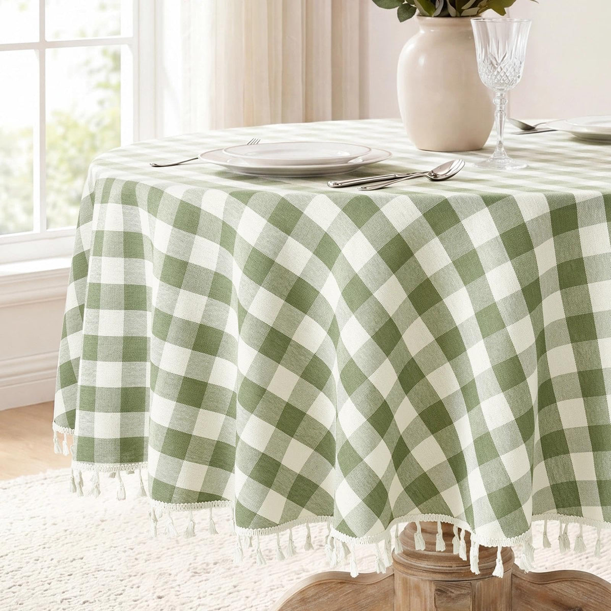 Romanstile Gingham Tassel Tablecloth Rectangle - 60 x 84 Inch, Beige