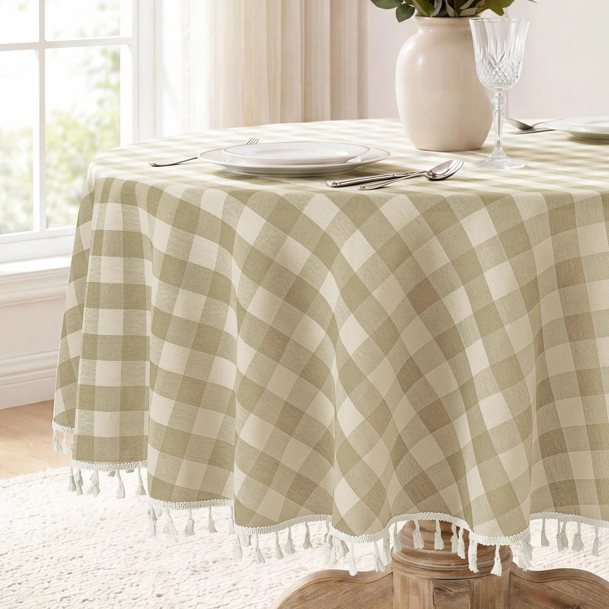 Romanstile Gingham Tassel Tablecloth Rectangle - 60 x 84 Inch, Beige