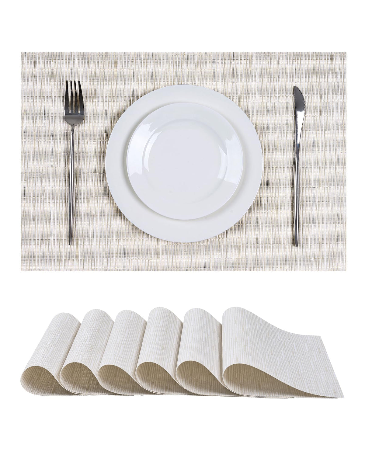 Beige Placemats Set of 8 - Heat-Resistant, Non-Slip Table Mats, Washable Woven Vinyl for Indoor & Outdoor Dining