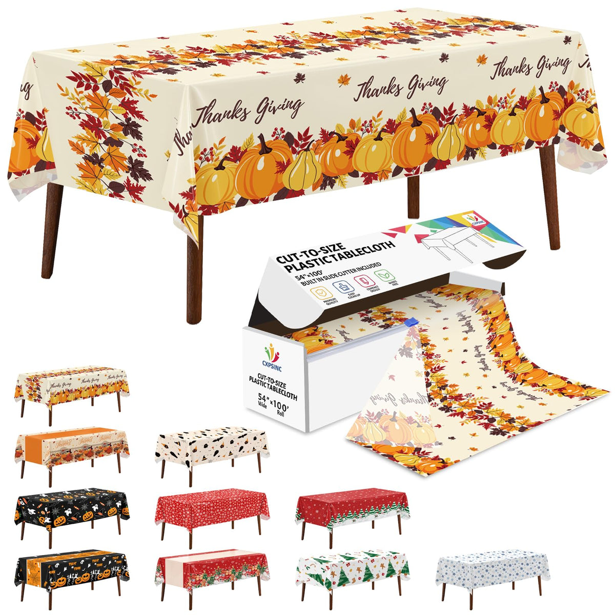 CXPSINC White Plastic Table Cloth Disposable Tablecloth Roll 54 Inch X 300 Feet Plastic Table Cover Roll with Slide Cutter for Picnics, Parties, Banquet, Birthdays, Weddings