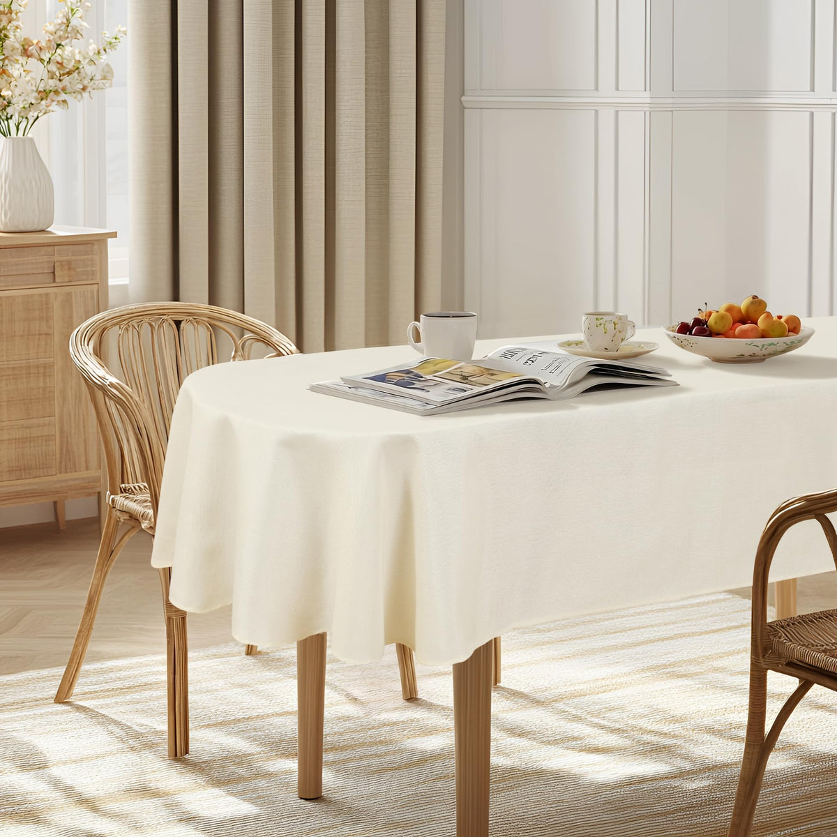JIUZHEN Faux Linen Rectangle Tablecloth, Wrinkle Stain Resistant Farmhouse Textured Table Cloth Decorative Fabric for Kitchen, Dining, Party, Wedding,Outdoor Use,90 x 132 Inch,Beige