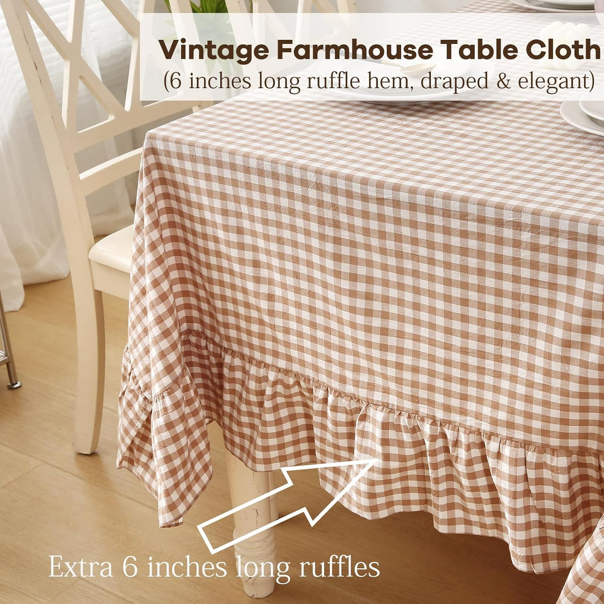 Taupe White Gingham Ruffled Tablecloth 120"x60"