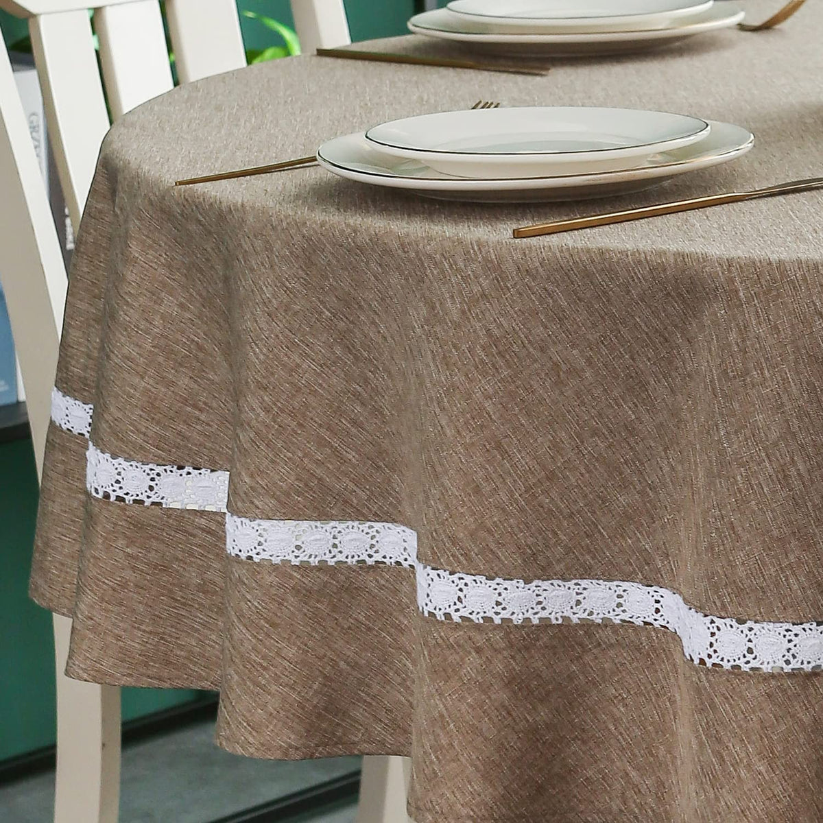EHouseHome Heavy Duty Fabric Tablecloth with White Lace-Waterproof/Wrinkle Free/Stain Resistant/Oil Proof-for Dining,Indoor&Outdoor,Wedding,Holiday,White,Rectangle 60x120Inch