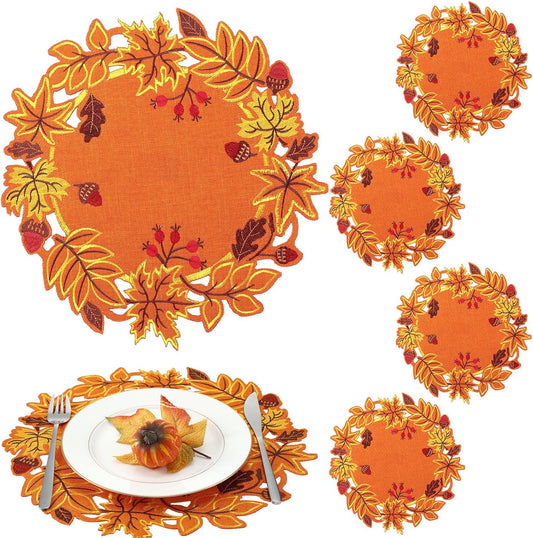 Yingzhao 6 Pcs Fall Leaf Placemats Thanksgiving Orange Table Placemats