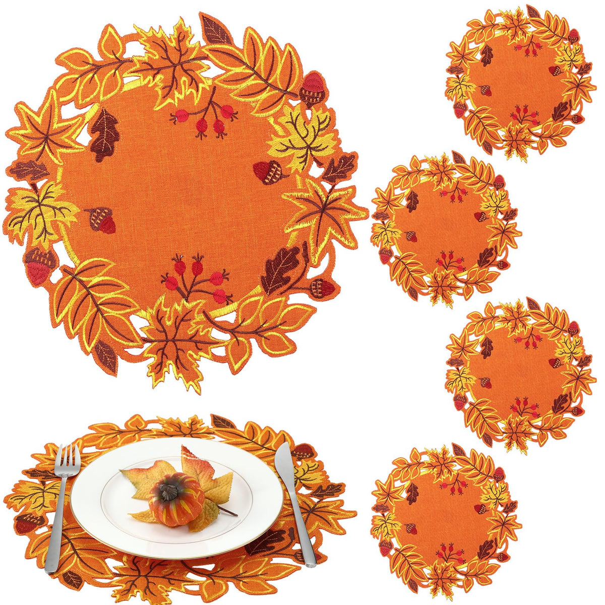 Yingzhao 6 Pcs Fall Leaf Placemats Thanksgiving Orange Table Placemats