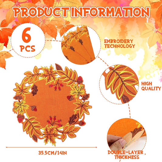 Yingzhao 6 Pcs Fall Leaf Placemats Thanksgiving Orange Table Placemats