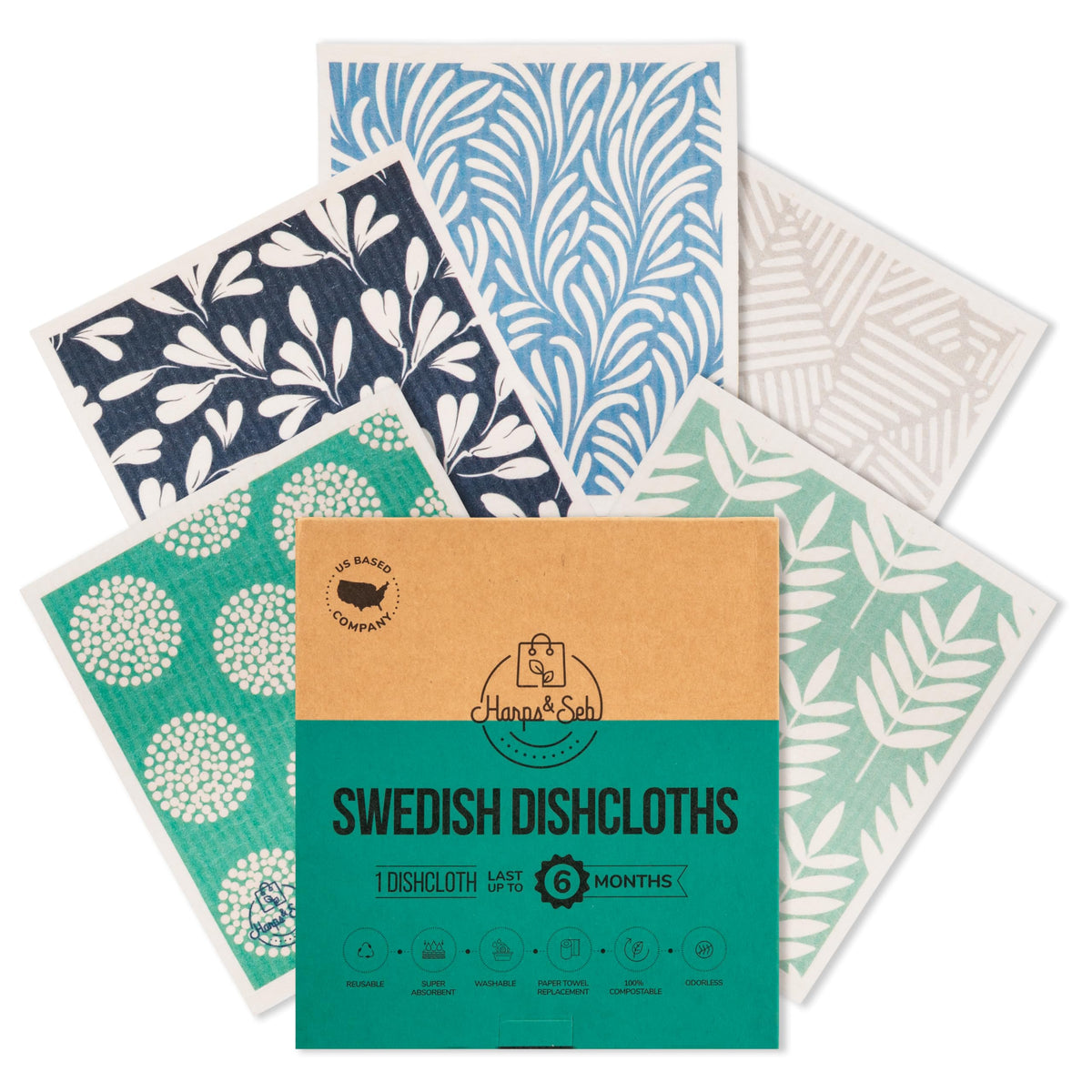 Harps&Seb Swedish Dishcloths for Kitchen Dish Towels - 5 Pack, Non-Scratch Reusable Paper Towels, Super Absorbent Washable Swedish Dish Cloths, No Odor, Biodegradable, Fruit Design