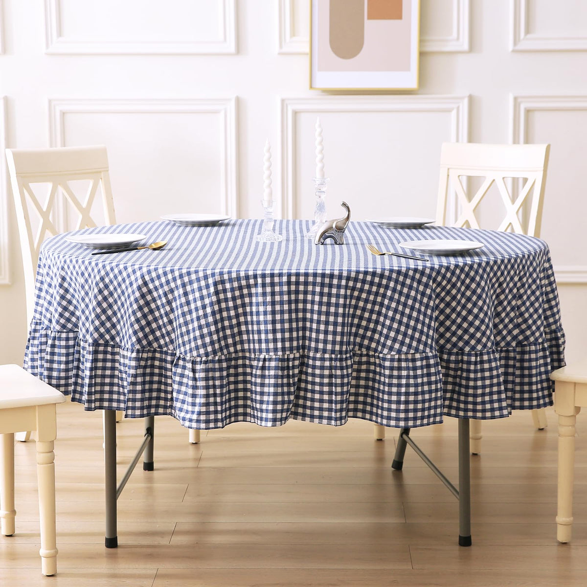 Taupe White Gingham Ruffled Tablecloth 120"x60"