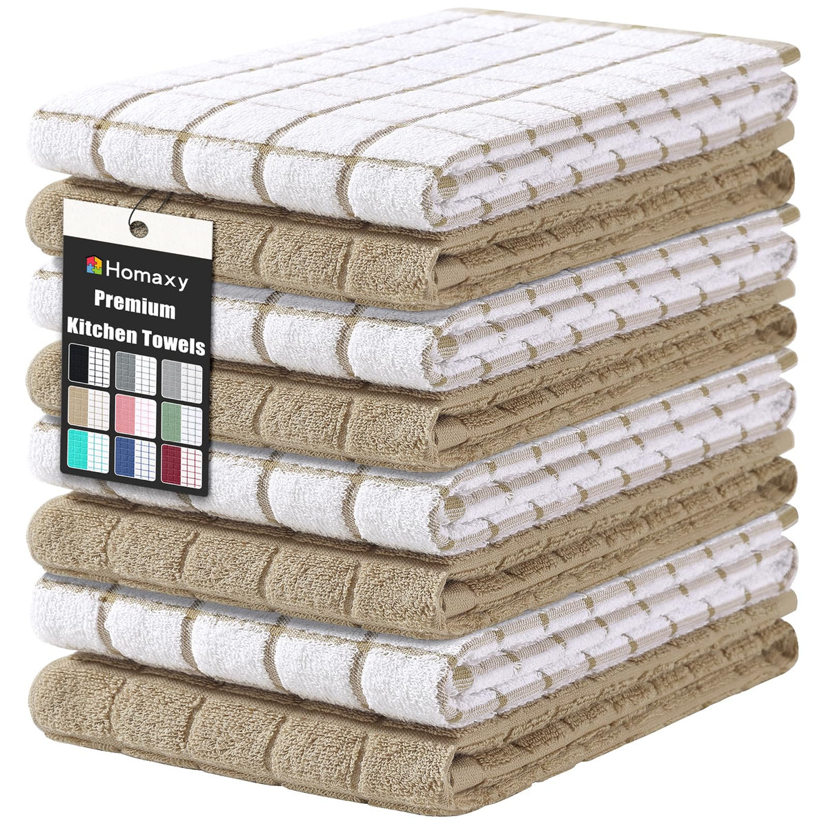 Homaxy Premium Cotton Kitchen Dish Cloths 12"x 12", 6 Pack, Tan