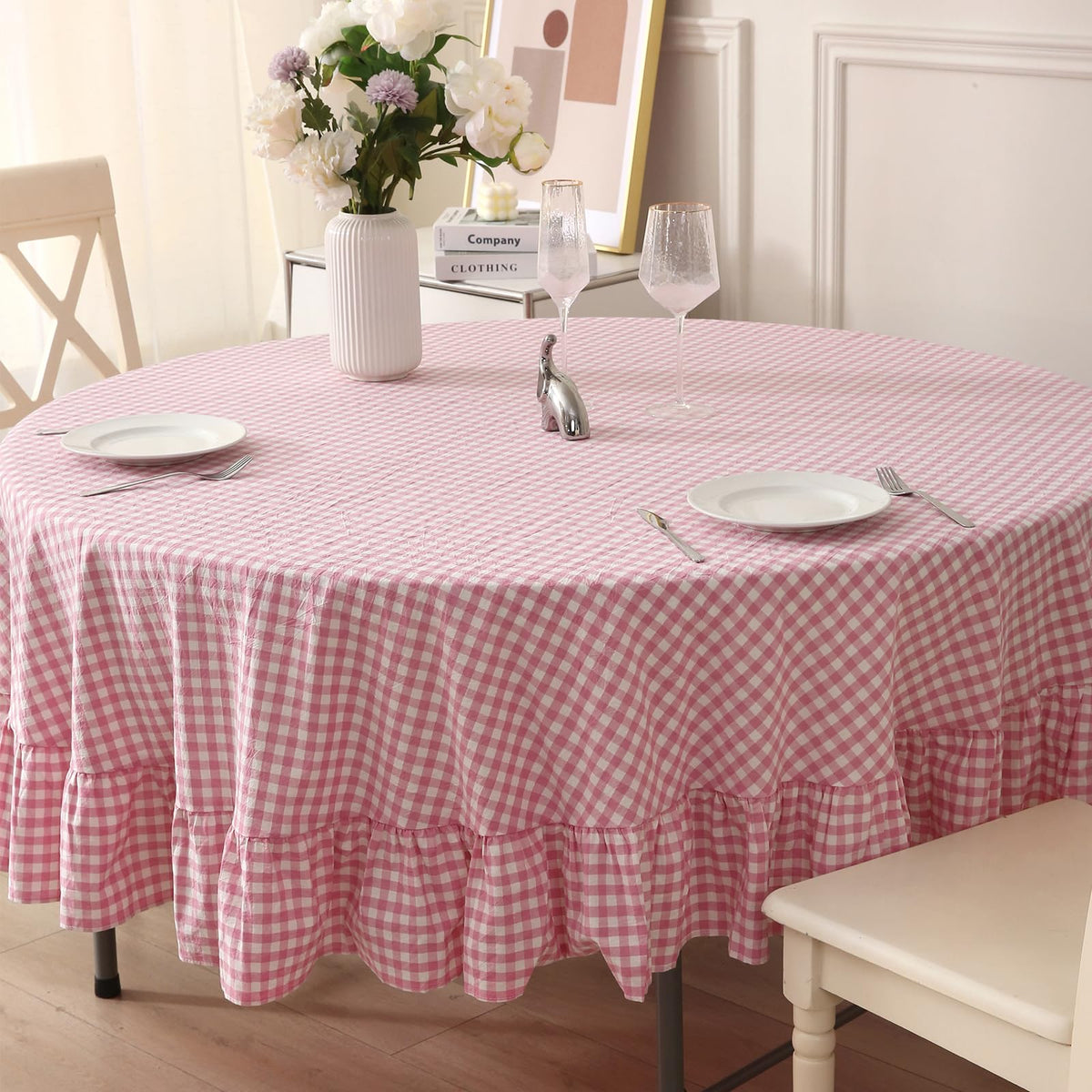 Taupe White Gingham Ruffled Tablecloth 120"x60"