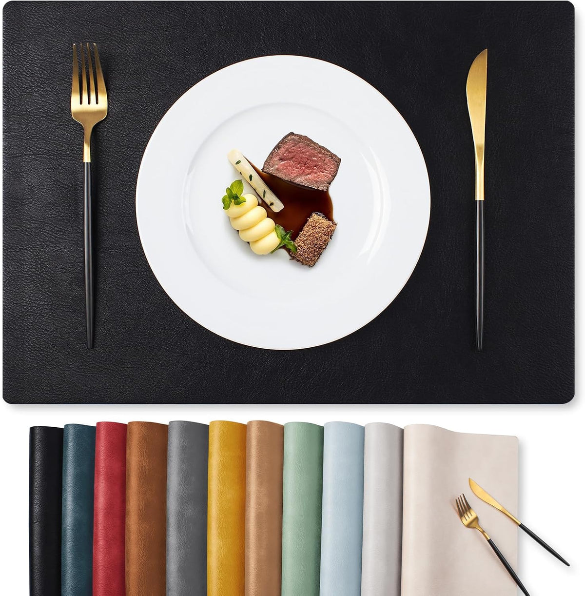 MOSAYT Vinyl Faux Leather Placemats, Set of 6, Black