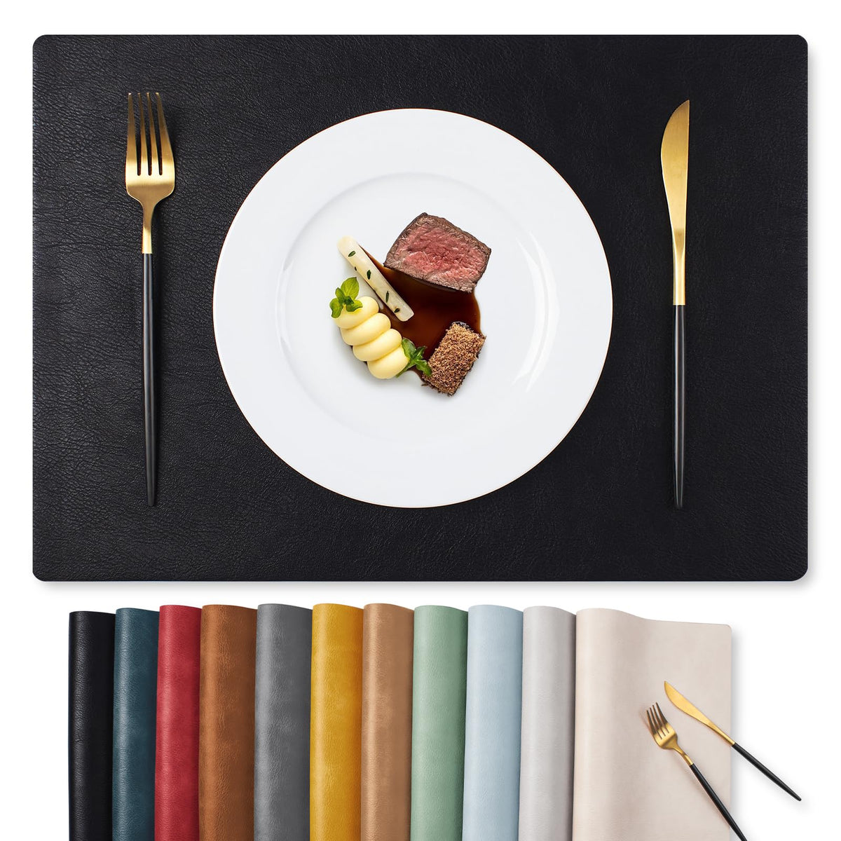 MOSAYT Vinyl Faux Leather Placemats, Set of 6, Black